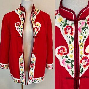 Vintage 80s Chinese Tang-Style Quilted Embroidered Red Jacket Frog Closure W's L